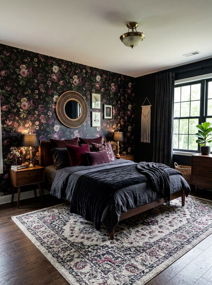 Moody Floral Black Boho Bedroom - 30 bohemian black bedroom ideas