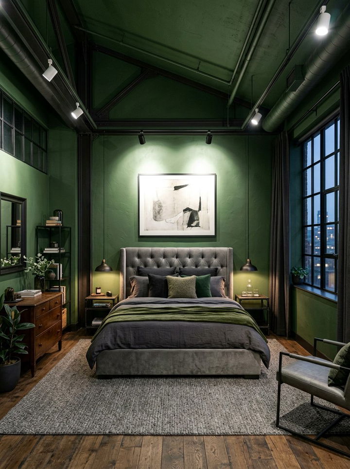 Moody Green Industrial Master - 30 industrial green bedroom ideas