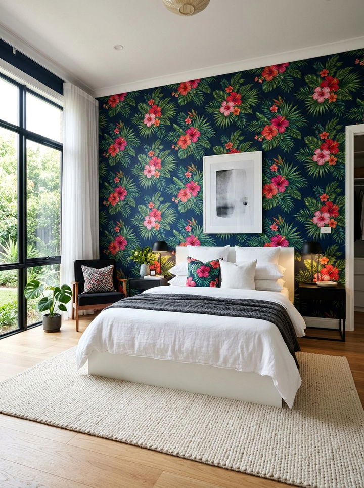 Moody Navy Tropical Floral Wallpaper - 30 bedroom tropical wallpapers