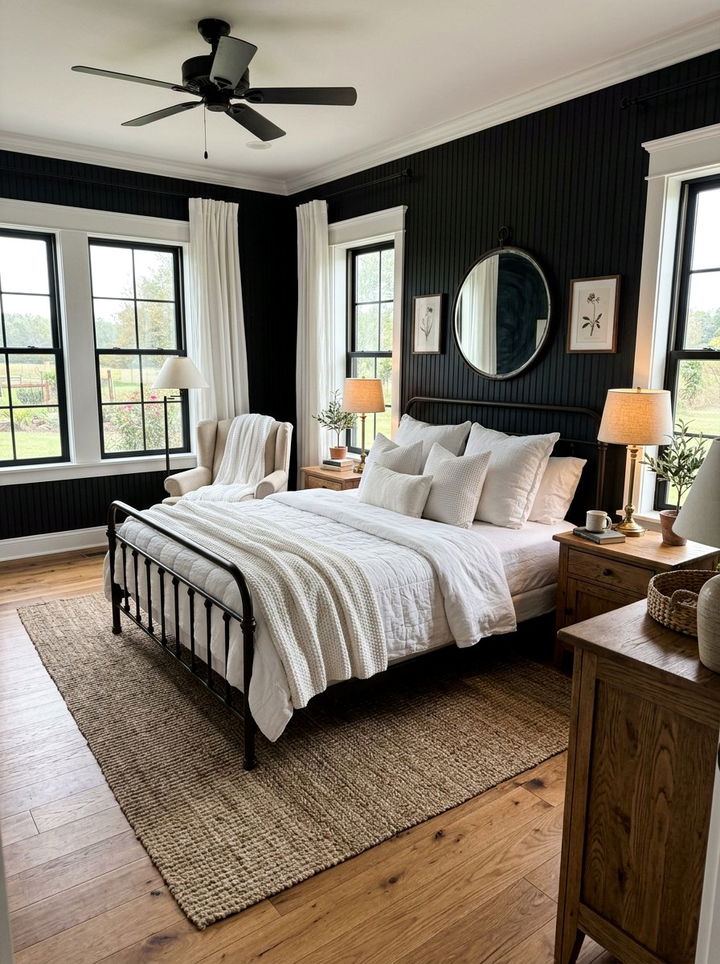 Moody black paint farmhouse bedroom - 30 farmhouse black bedroom ideas