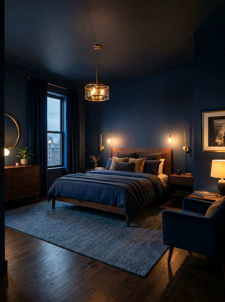 Moody blue bedroom lighting - 30 navy bedroom decor ideas