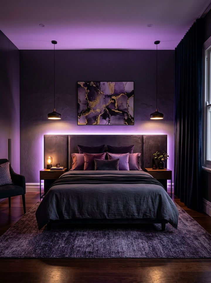 Moody purple lighting - 30 deep purple bedroom ideas