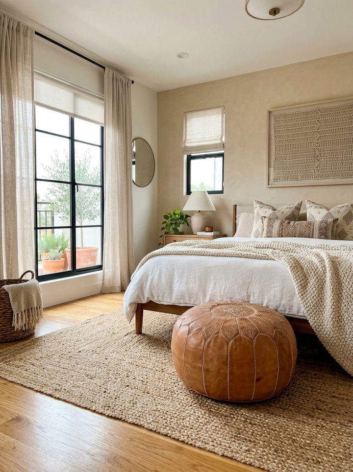 Moroccan Pouf Seating - 30 bohemian beige bedroom ideas