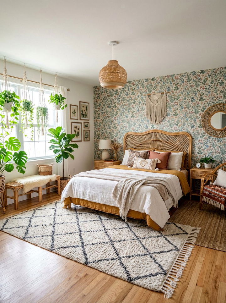 Moroccan Rug Floral Wallpaper - 30 bedroom pattern mixing ideas