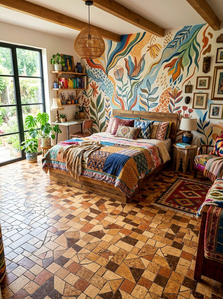 Mosaic cork tile floor - 30 bedroom cork flooring ideas