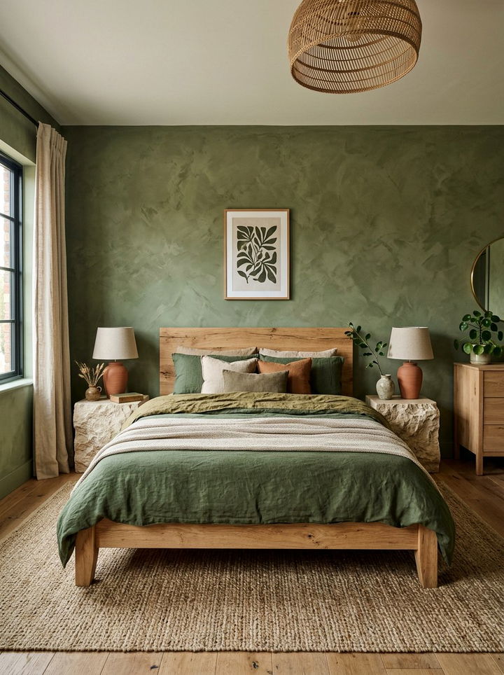 Moss Green Textured Walls - 30 green bedroom decor ideas