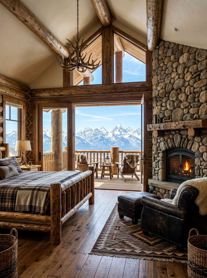 Mountain Lodge Bedroom With Timber Deck - 30 bedroom with terrace ideas