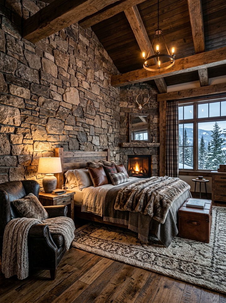 Mountain Lodge Stone - 30 bedroom stone wall ideas