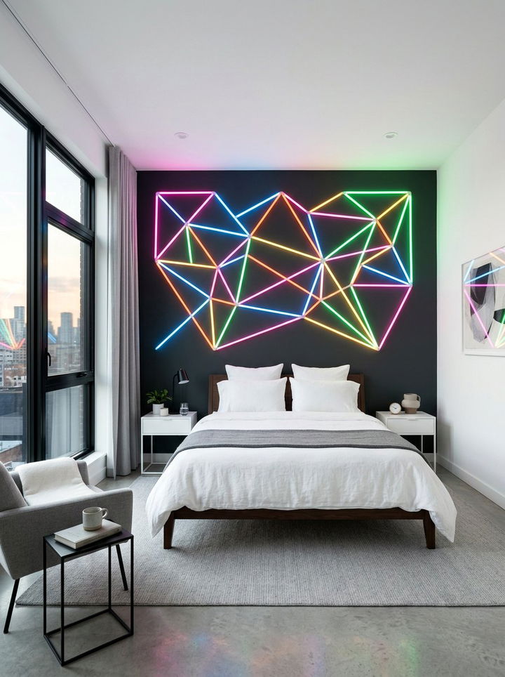 Multi Color Geometric Wall - 30 neon color bedroom ideas