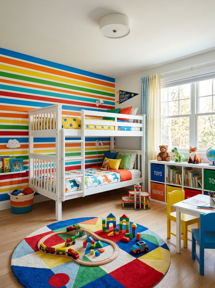 Multi color horizontal stripes for kids room - 30 bedroom striped wall ideas