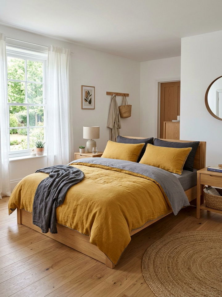 Mustard Gray Linen Bedding - 30 mustard and gray bedroom ideas