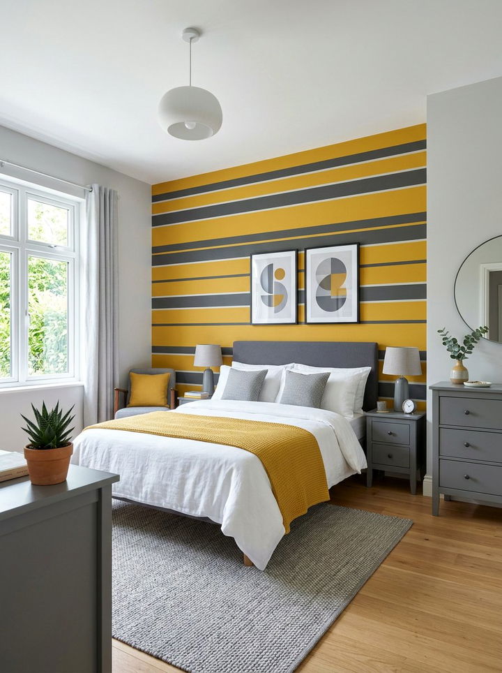 Mustard Gray Striped Walls - 30 mustard and gray bedroom ideas