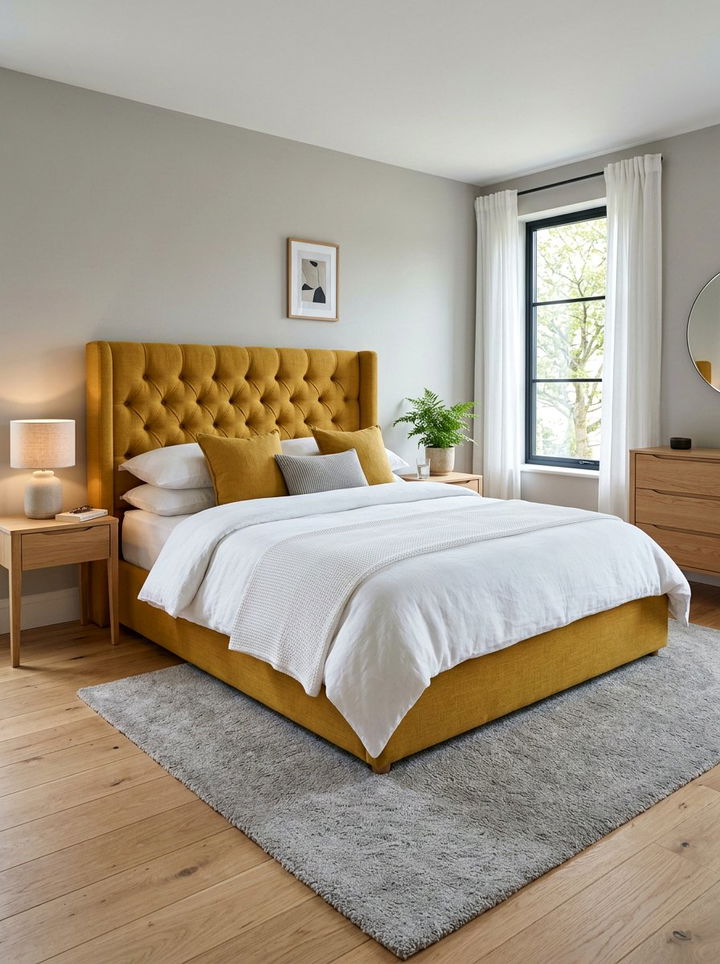 Mustard Upholstered Bed - 30 mustard bedroom ideas