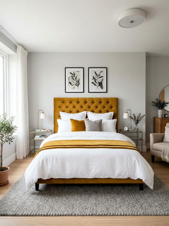 Mustard Velvet Headboard - 30 mustard bedroom ideas