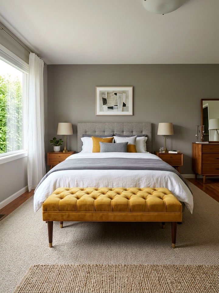 Mustard Yellow Bench Gray Bed - 30 mustard and gray bedroom ideas