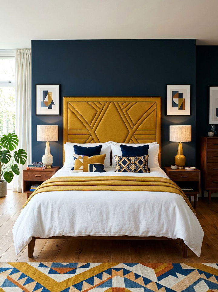 Mustard Yellow Geometric Headboard - 30 bedroom upholstered headboards