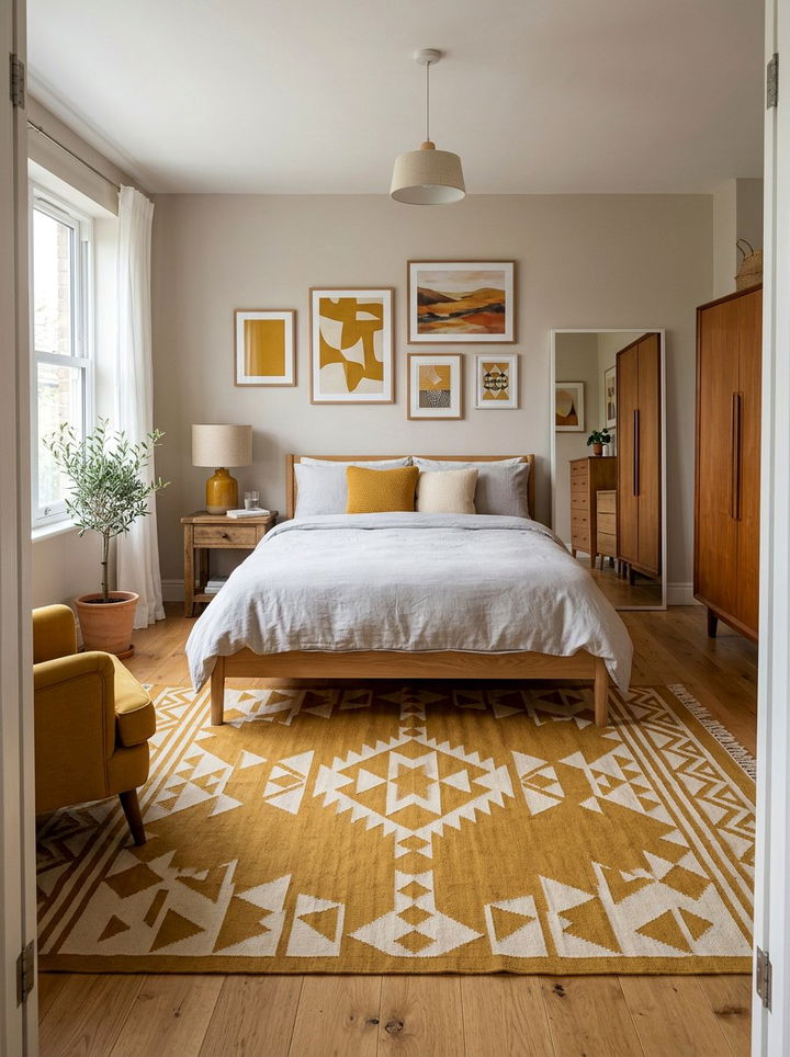 Mustard Yellow Patterned Rug - 30 mustard yellow bedroom ideas