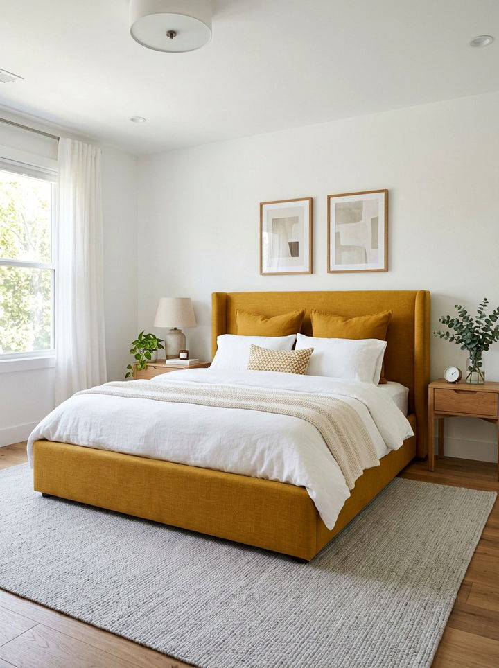 Mustard Yellow Upholstered Bed Frame - 30 mustard yellow bedroom ideas