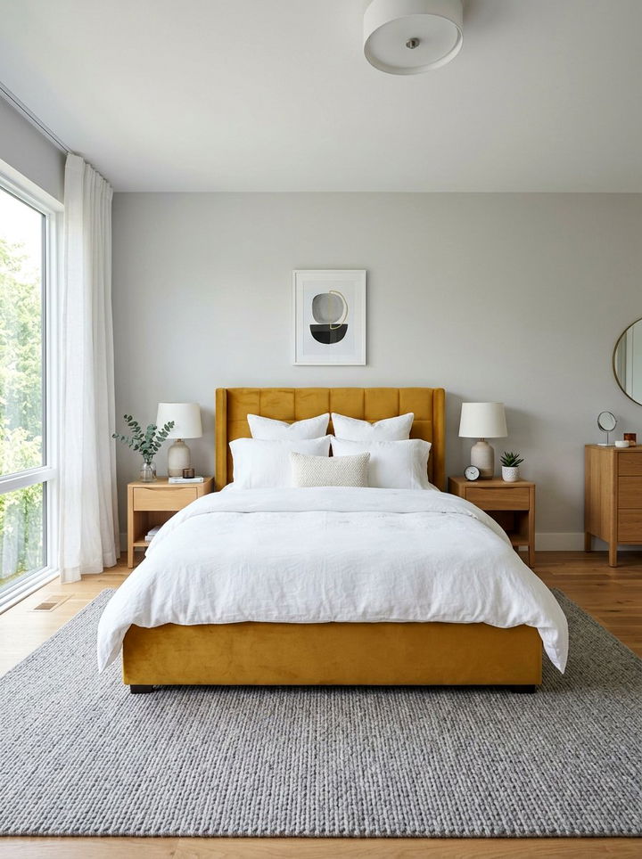Mustard Yellow Upholstered Bed - 30 mustard and gray bedroom ideas