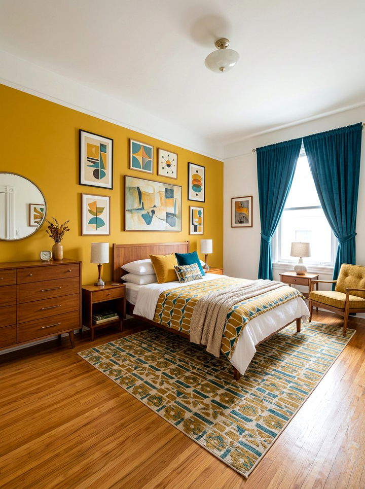 Mustard and teal retro bedroom - 30 vintage bedroom color ideas