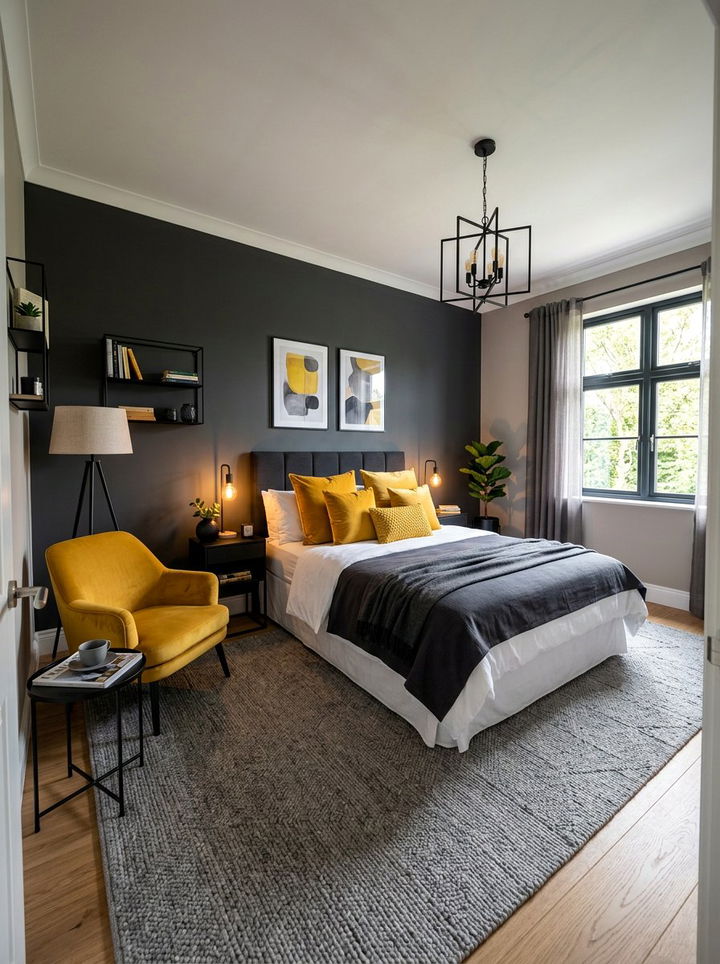 Mustard yellow and charcoal bedroom - 30 two tone bedroom ideas