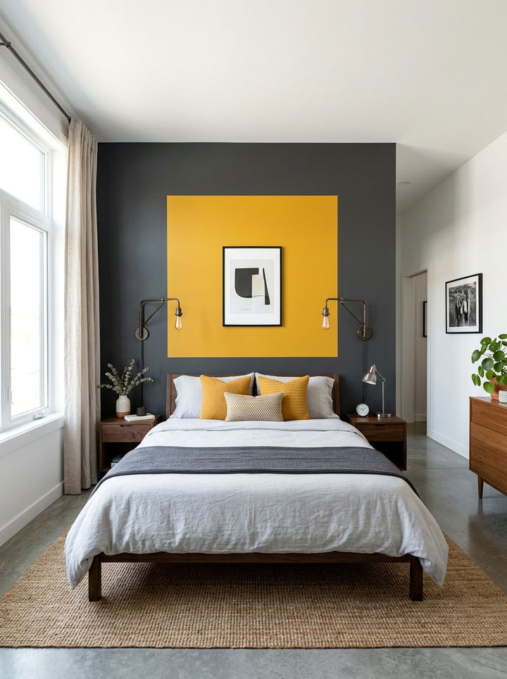 Mustard yellow and charcoal bedroom - 30 color block bedroom ideas