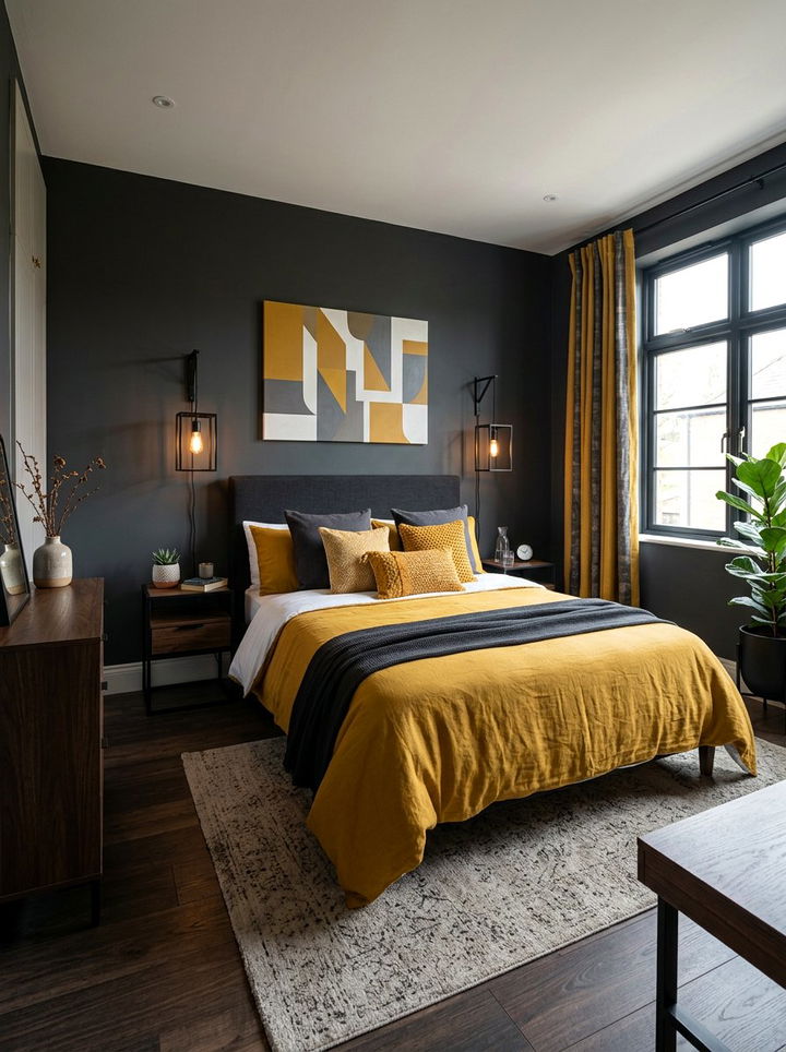 Mustard yellow and charcoal gray bedroom - 30 yellow and gray bedroom color combo