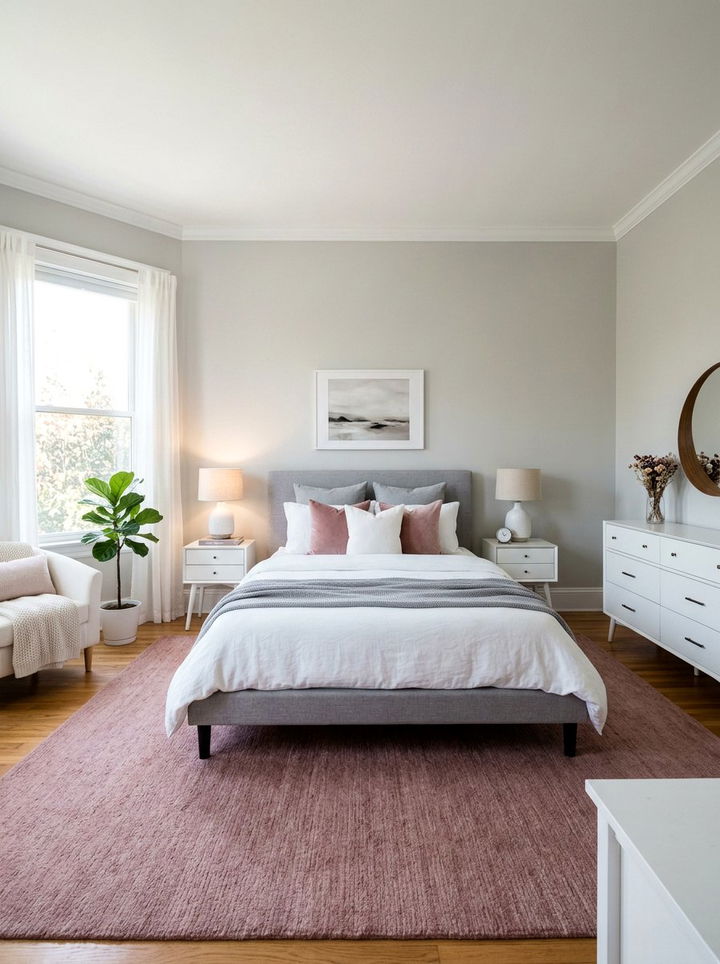 Muted rose area rug - 30 dusty rose and gray bedroom ideas