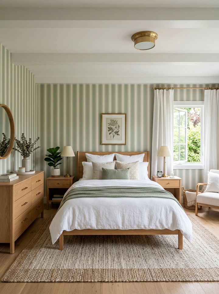 Muted sage green stripe - 30 bedroom striped wallpapers
