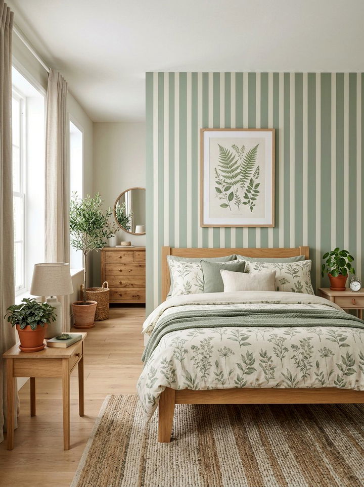 Muted sage green striped wall - 30 bedroom striped wall ideas