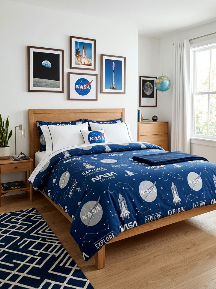 NASA logo bedding - 30 astronaut bedroom ideas