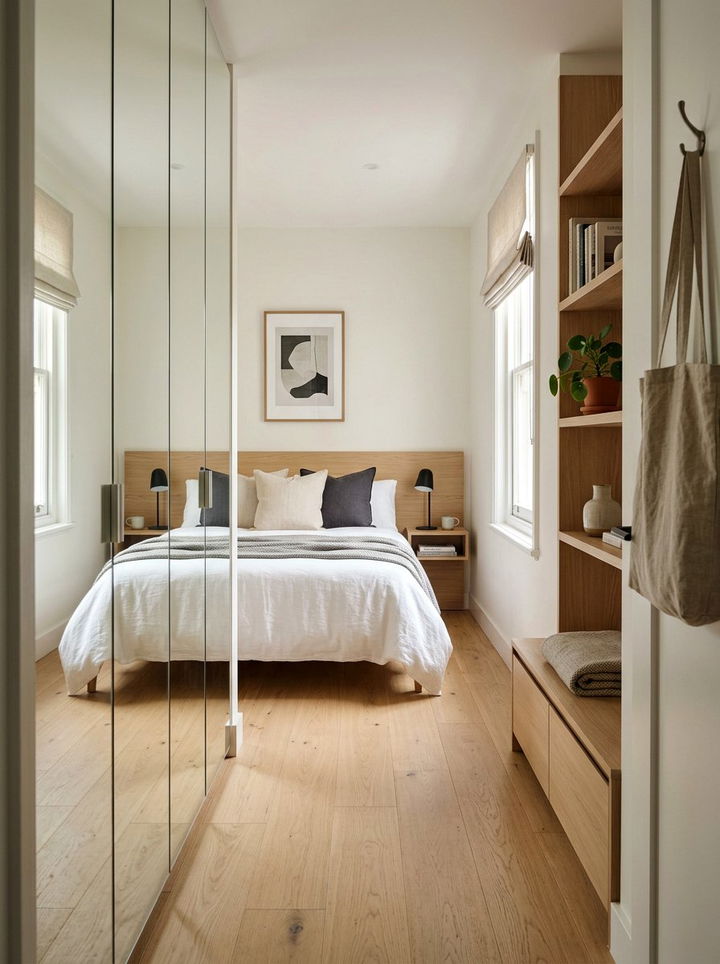 Narrow bedroom layout with storage - 30 bedroom floor plan ideas