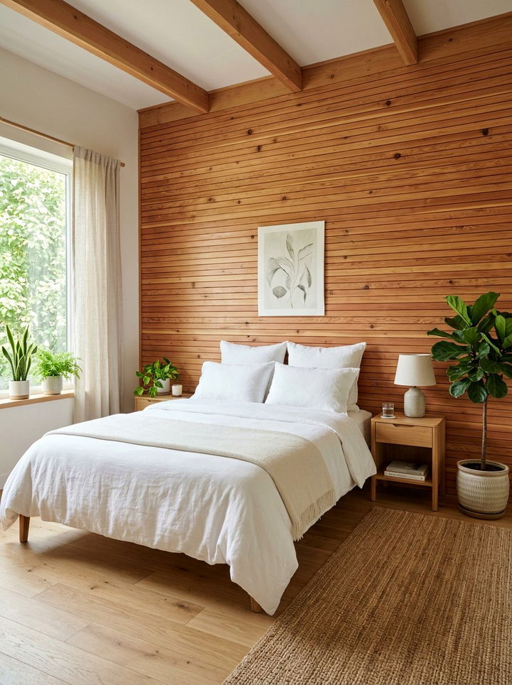 Natural Cedar Wood Wall - 30 bedroom wood wall ideas