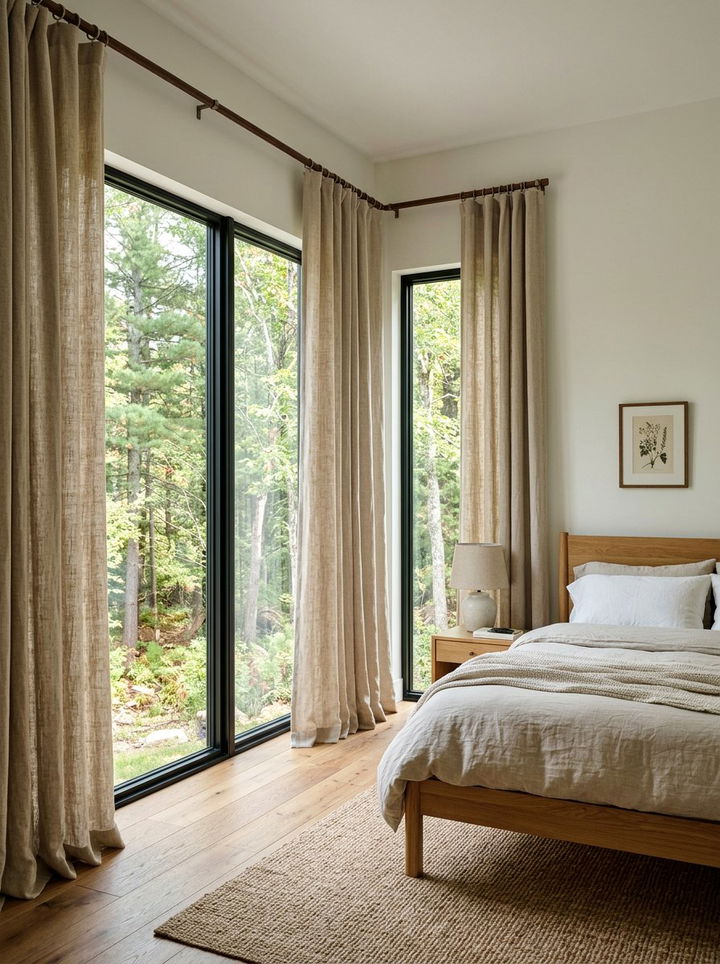 Natural Linen Curtains - 30 forest bedroom ideas