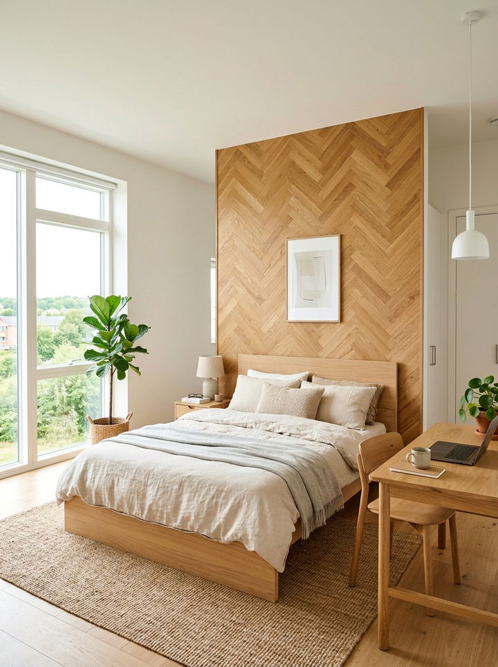 Natural Oak Herringbone Wall - 30 bedroom herringbone wall ideas