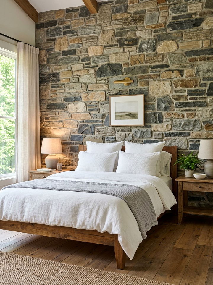 Natural Stone Accent Wall - 30 rustic gray bedroom ideas