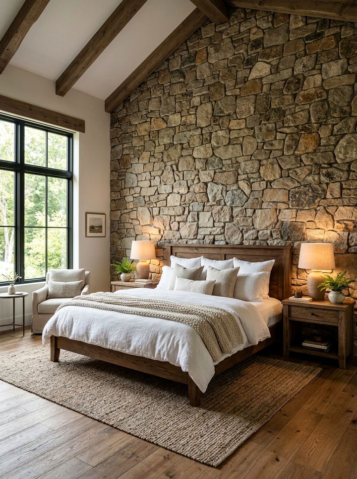 Natural Stone Wall - 30 rustic bedroom ideas