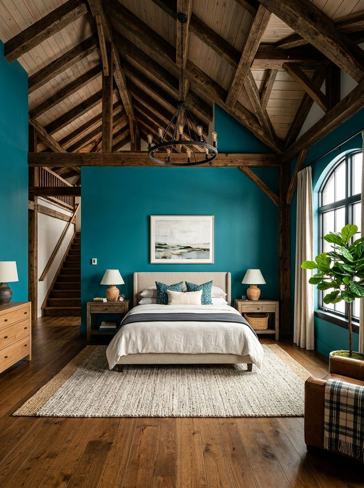 Natural Wood Beams And Teal Walls - 30 farmhouse teal bedroom ideas