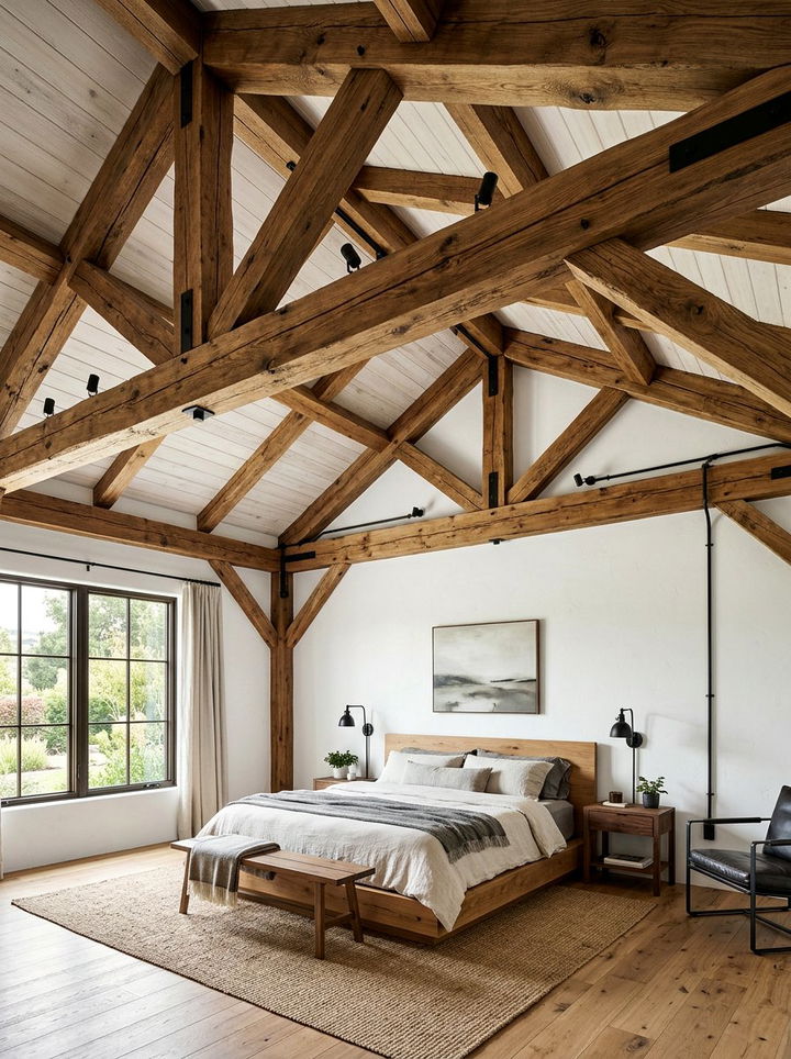 Natural Wood Beams - 30 warehouse bedroom ideas