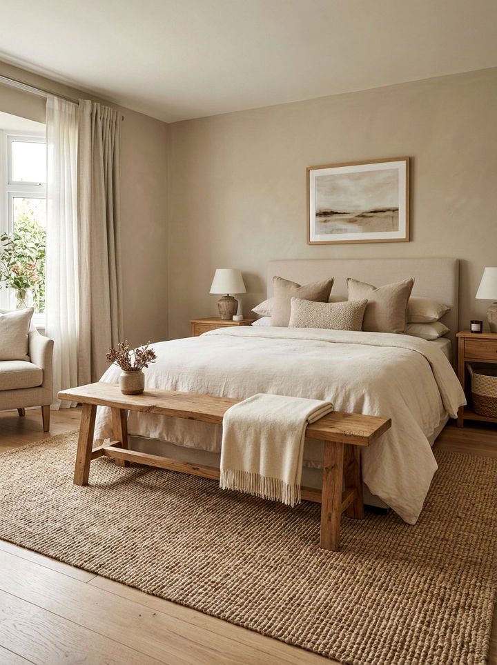 Natural Wood Bench - 30 farmhouse beige bedroom ideas