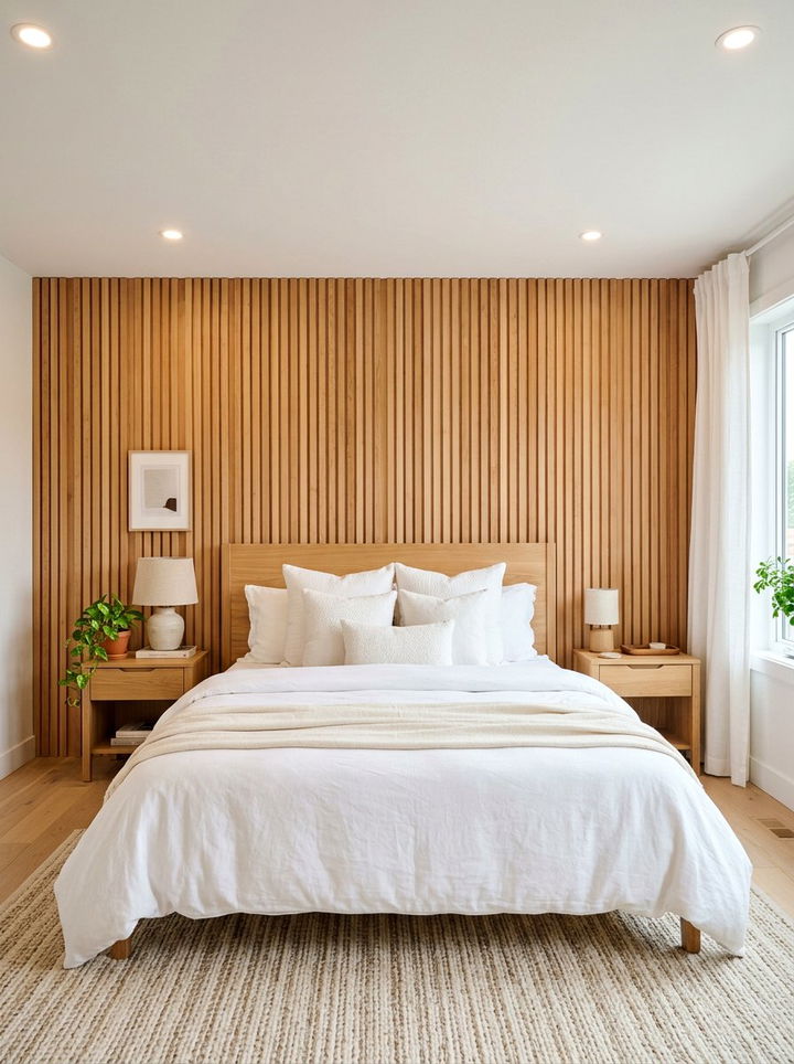 Natural wood accent wall - 30 Japanese bedroom ideas