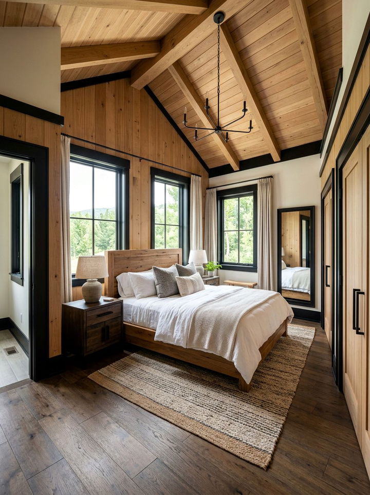 Natural wood bedroom black trim - 30 farmhouse black bedroom ideas