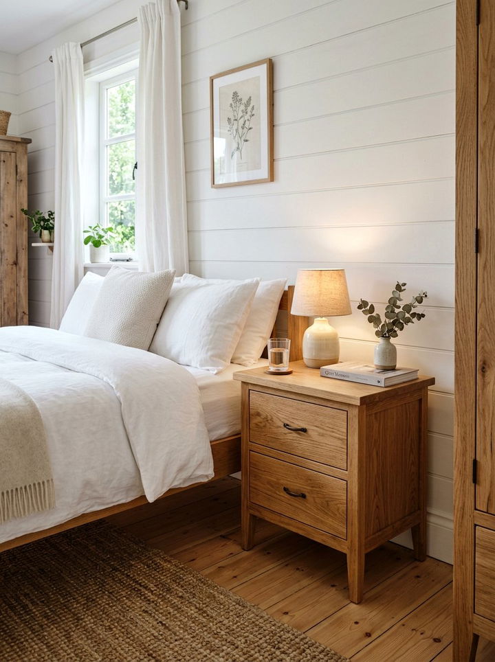 Natural wood nightstand - 30 rustic white bedroom ideas