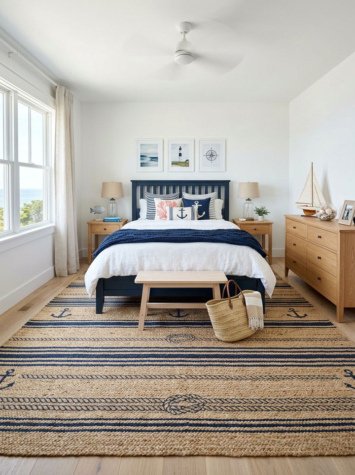 Nautical Jute Rug Bedroom - 30 coastal navy bedroom ideas