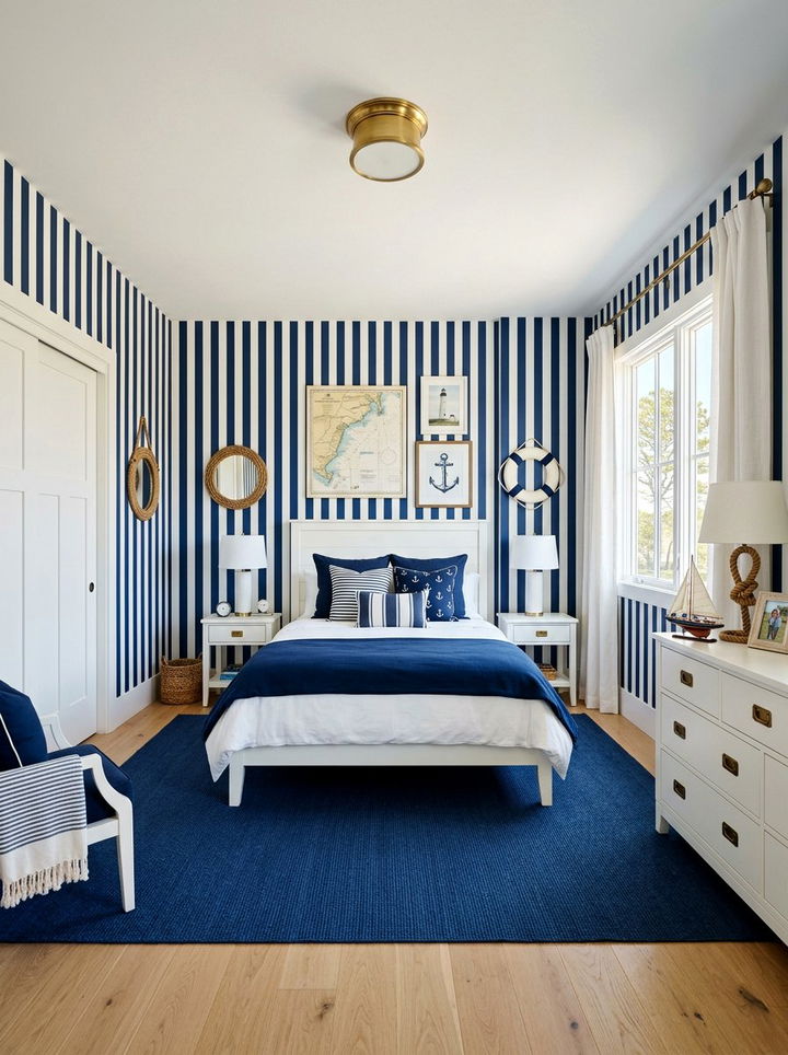 Nautical Stripe Wall Cover - 30 coastal blue bedroom ideas