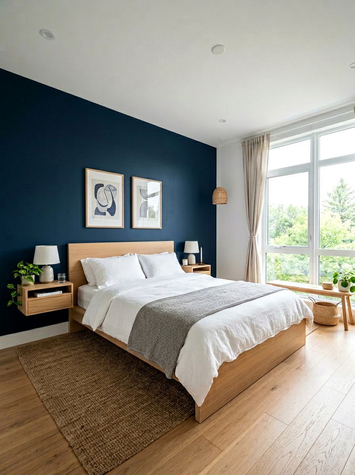 Navy Accent Wall Light Wood - 30 scandinavian navy bedroom ideas