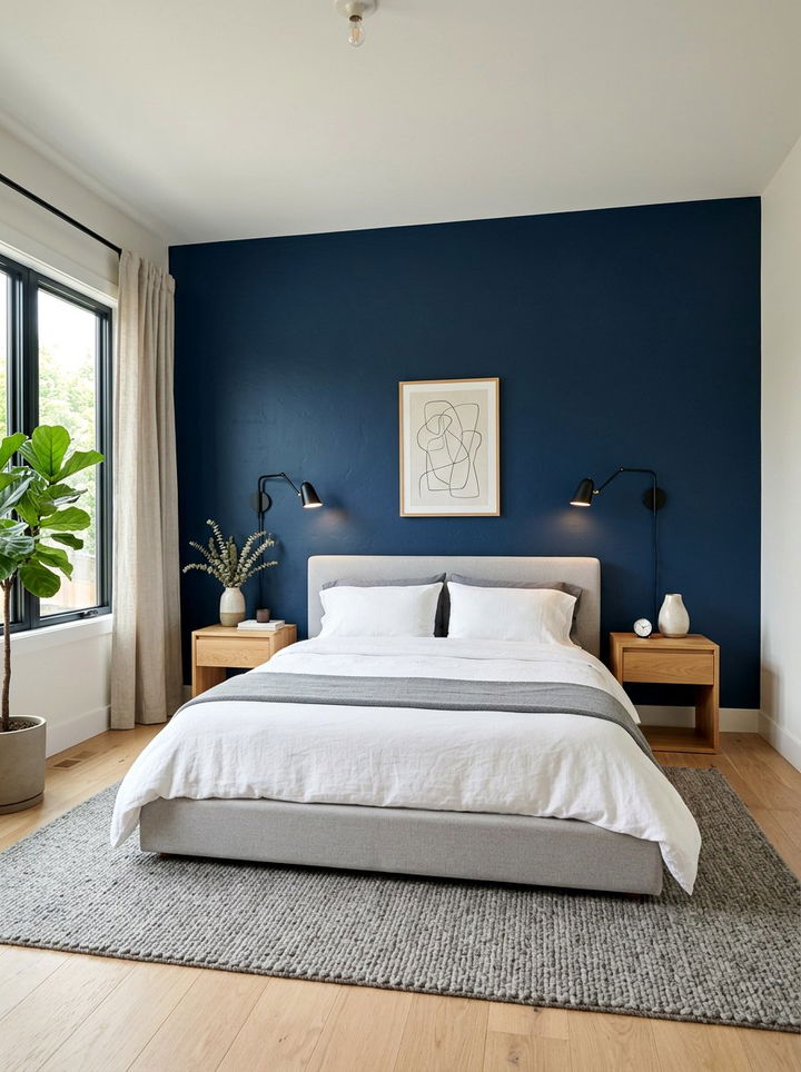 Navy Blue Accent Wall - 30 minimalist blue bedroom ideas