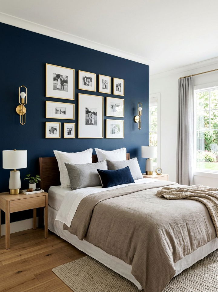 Navy Blue Accent Wall With Gold Frames - 30 navy and gold bedroom ideas