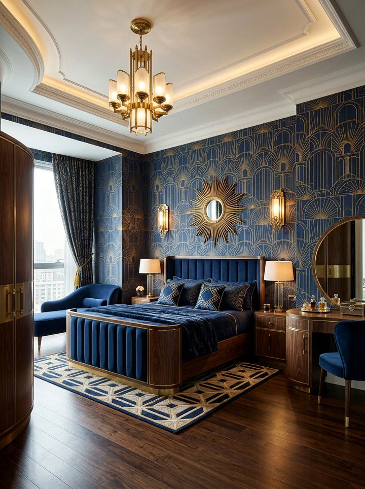 Navy Blue And Gold Art Deco Bedroom - 30 navy and gold bedroom ideas