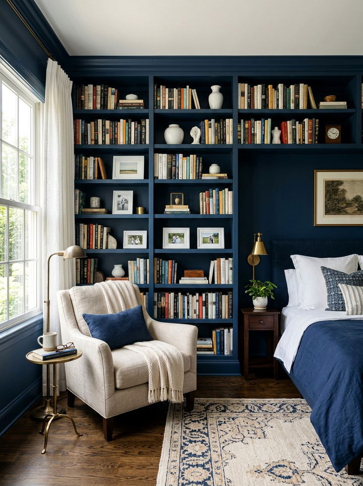 Navy Blue Bedroom Built In Shelves - 30 dark navy bedroom ideas